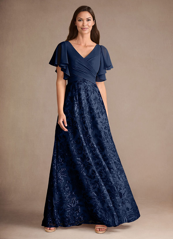 Azazie Fallon Robe Mère de la Mariée & du Marié Robe Trapèze en Dentelle Plissée Bleu Marine Foncé image1