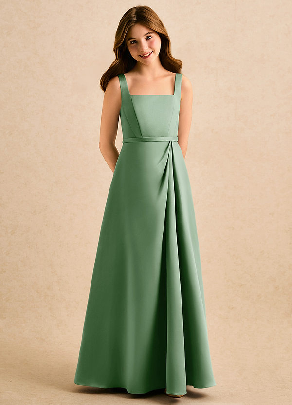 Azazie Emiko Girls Formal Sukienki dla dziewczynek sypiących kwiaty Linia A Pofałdowany Matowy satynowy Długość podłogi Sukienka image1