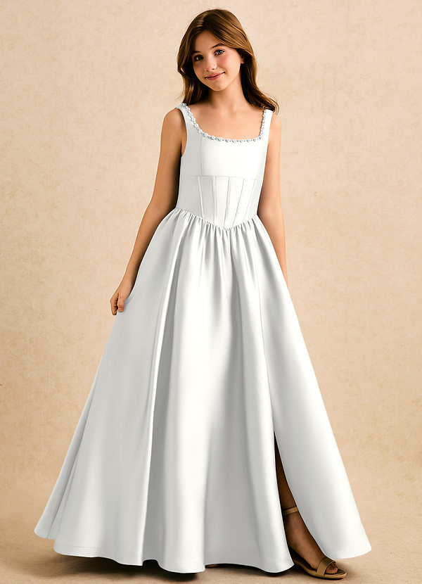 Azazie Enid Girls Formal Sukienki dla dziewczynek sypiących kwiaty Linia A Zroszony Satyna elastyczna Długość podłogi Sukienka image1