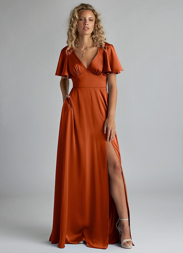 Azazie Kimber Bridesmaid Dresses Robe A-ligne en Satin extensible Rayé Paprika image1