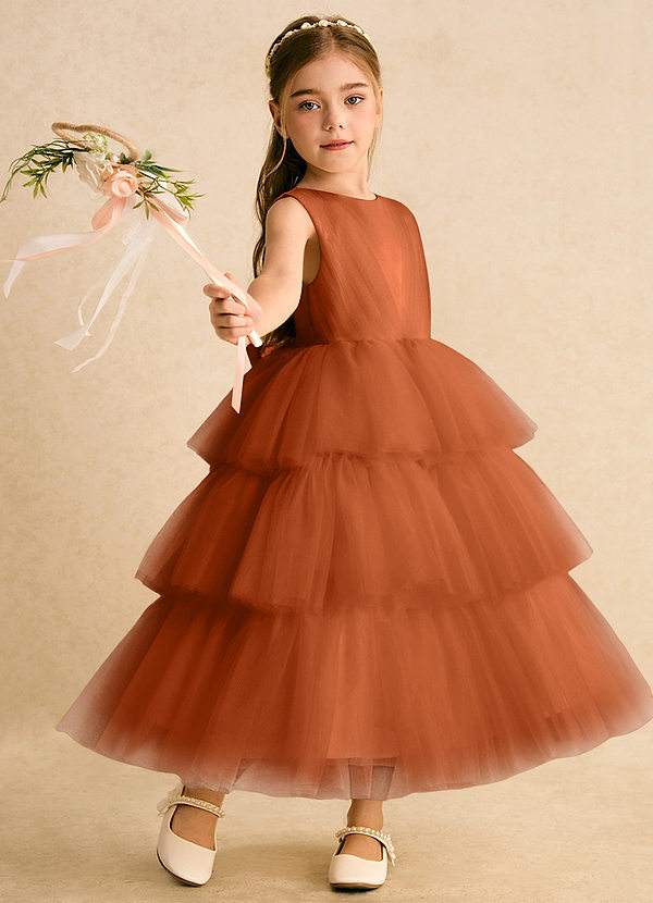 Azazie Marshmallow Flower Girl Dresses Burnt Orange Ball-Gown Bow Tulle Dress image1