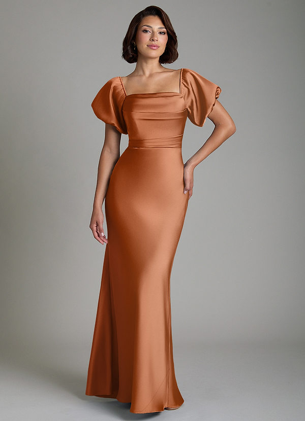 Azazie Lea Bridesmaid Dresses Copper Mermaid Off the Shoulder Stretch Satin Convertible Dress image1