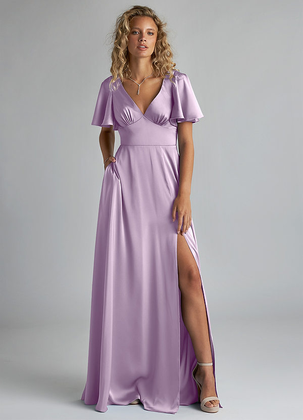 Azazie Kimber Bridesmaid Dresses Frosted Lilac A-Line Ruched Stretch Satin Dress image1