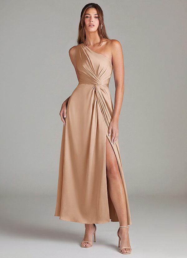 Azazie Brooke Suknie dla druhen Linia A Jedno ramię Satyna elastyczna Długość kostki Sukienka image1