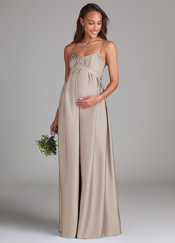 Azazie Llana Maternity Bridesmaid Dresses A-Line Stretch Satin Floor-Length Dress with Pockets image1