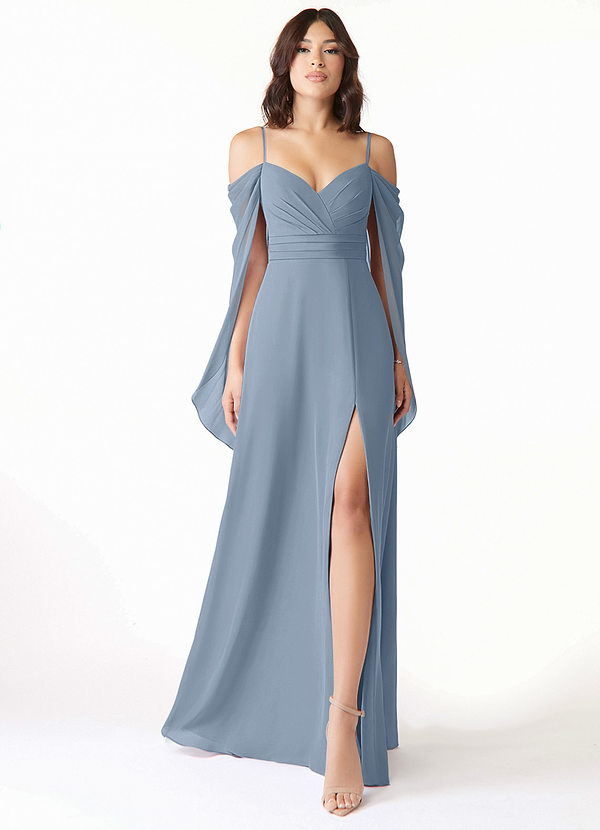 Azazie Cienna Bridesmaid Dresses Dusty Blue A-Line Off the Shoulder Chiffon Dress image1