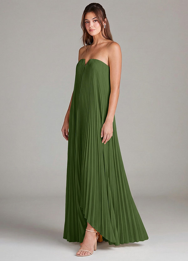 Azazie Sierra Bruidsmeisjes Jurken Converteerbaar Jurk van Stretch Satijn met A-Lijn Strapless Olijf image1