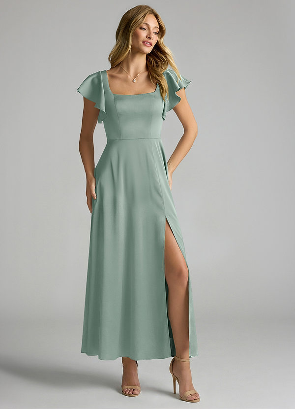 Azazie Bondi Bridesmaid Dresses Silver Sage A-Line Ruched Stretch Satin Dress image1