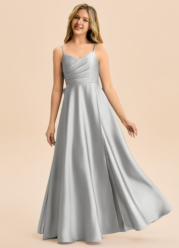 Azazie Rumi Junior A-Line Plisseret Stræk satin Gulv-længde Junior brudepige Kjole image1