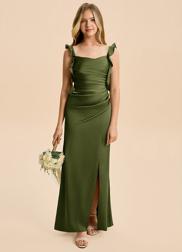 Azazie Jessamine Junior Olive A-Line Ruched Stretch Satin Dress image1