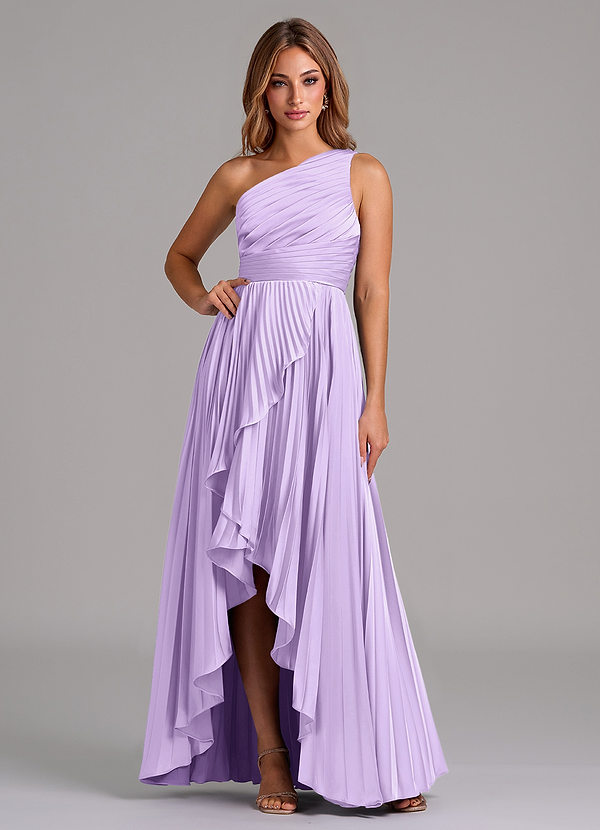 Azazie Lyrica 신부 들러리 드레스 A라인 한쪽 어깨 스트레치 새틴 비대칭 드레스 image1