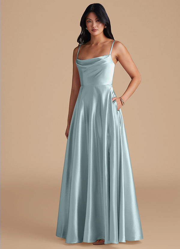 Azazie Elle Bridesmaid Dresses Mist A-Line with Pockets Metallic Satin Dress image1