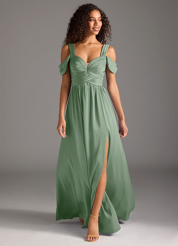 Azazie Lianne Robes Demoiselle d'honneur Robe Trapèze en Satin extensible Épaule décolletée Matcha image1