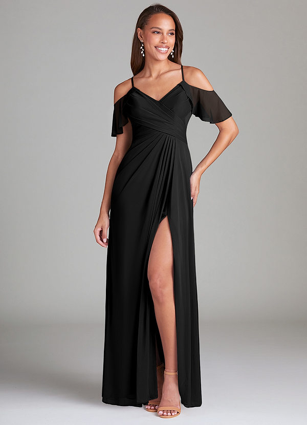 Azazie Dakota Bridesmaid Dresses Black A-Line Off the Shoulder Mesh Dress image1