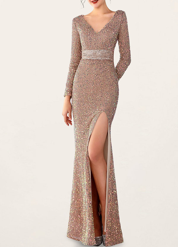 back Love Lasts Forever Champagne Sequin Long Sleeve Maxi Dress