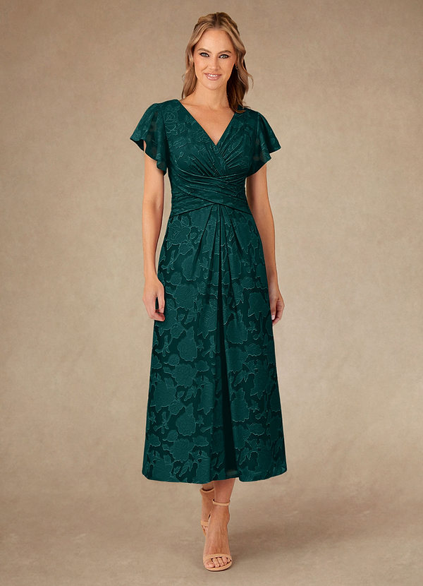 Azazie Vera Mother of the Brides Dresses Pine A-Line Pleated Floral Burnout Dress image1