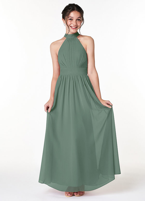 Azazie Iman Junior Eucalyptus A-Line Pleated Chiffon Dress image1