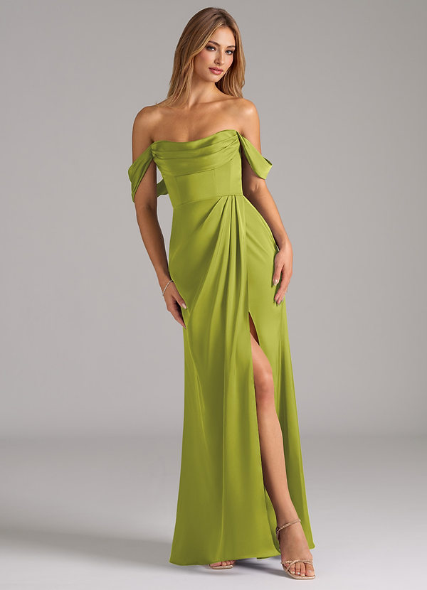 Azazie Johana Robes Demoiselle d'honneur Robe Sirène Convertible en Satin extensible Épaule décolletée Citronnelle image1