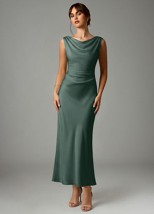 Azazie Kieryn Bridesmaid Dresses Sea Moss Mermaid Pleated Stretch Satin Dress image1