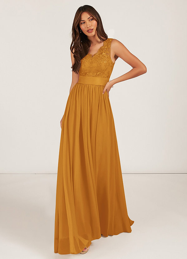 Azazie Gertrude Bridesmaid Dresses Butterscotch A-Line Lace Chiffon Dress image1
