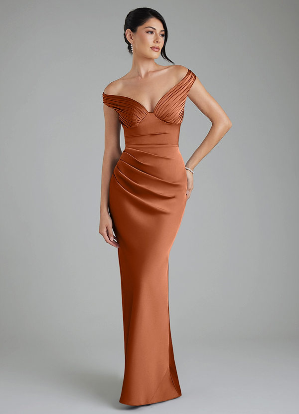 Azazie Stella Robes de demoiselle d'honneur Robe Fourreau Convertible en Satin extensible Corset Cuivre image1