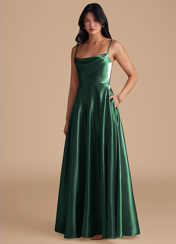 Azazie Elle Brautjungfernkleider A-Linie mit Taschen Metallischer Satin Kleid Dunkelgrün image1