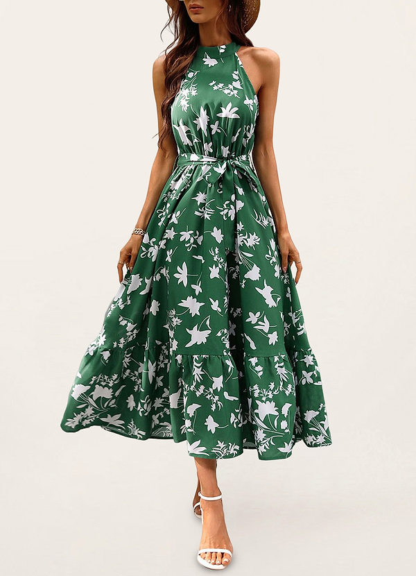 front Easily In Love Green Floral Print Tiered Maxi Dress