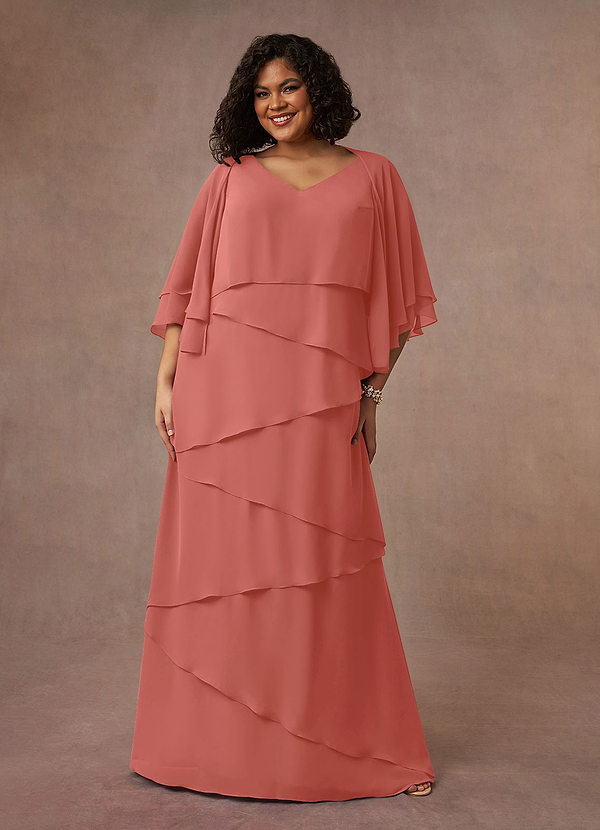 Azazie OHara Robe Mère de la Mariée & du Marié Robe Trapèze en Mousseline de soie Col V Rose Saumon image1