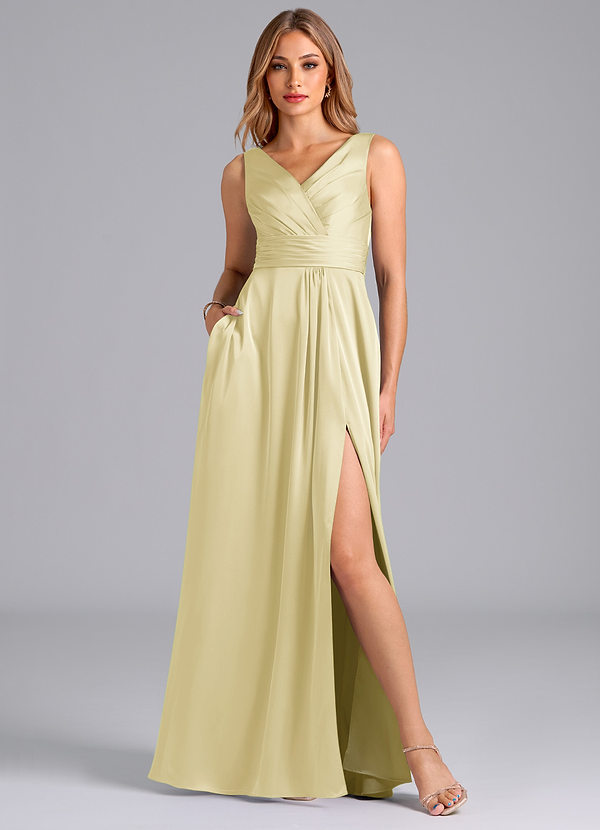 Azazie Karina Robes Demoiselle d'honneur Robe Trapèze en Satin extensible Plissée Sorbet Citron image1