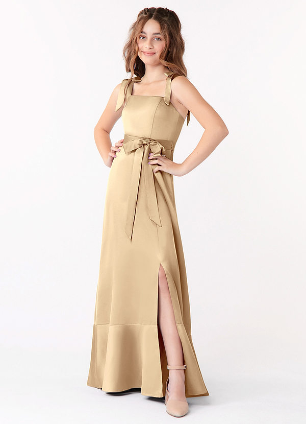 Azazie Barbara Junior Champagne A-Line Bow Stretch Satin Dress image1