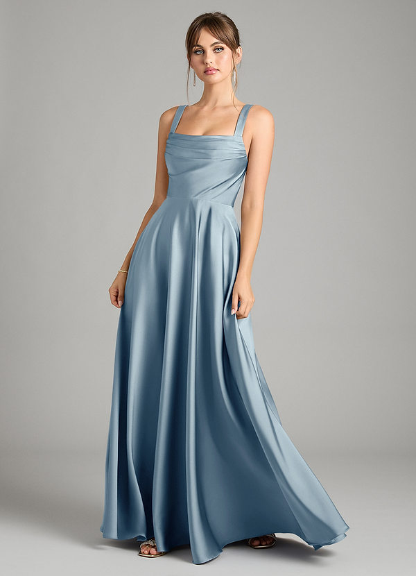 Azazie Shaude Bridesmaid Dresses Dusty Blue A-Line Pleated Stretch Satin Dress image1