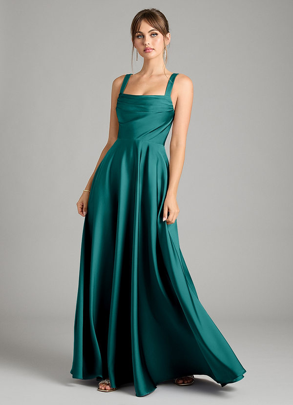 Azazie Shaude Bridesmaid Dresses Peacock A-Line Pleated Stretch Satin Dress image1
