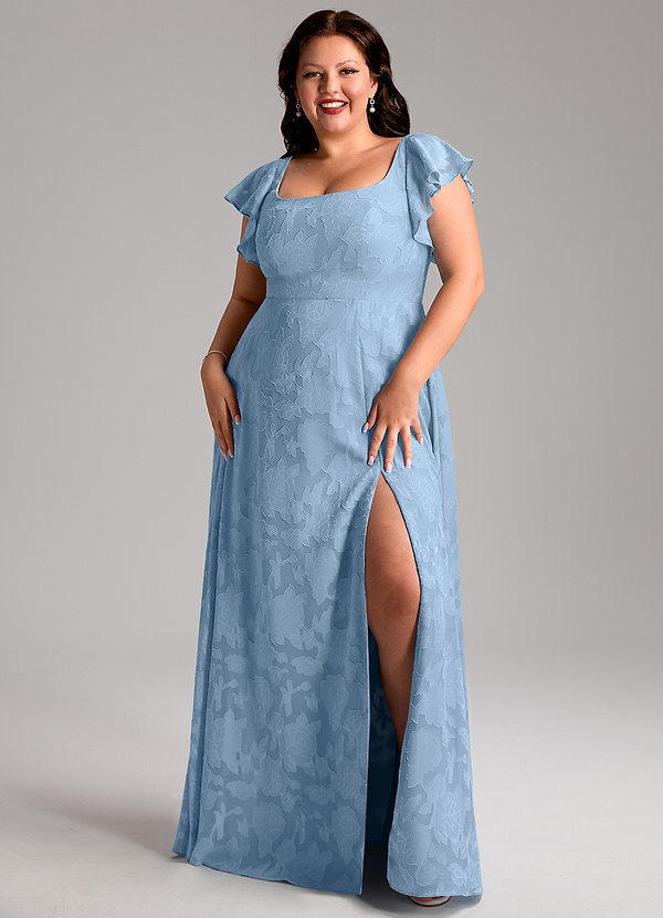 Azazie Bondi Bridesmaid Dresses Powder Blue A-Line Side Slit Floral Burnout Dress image1