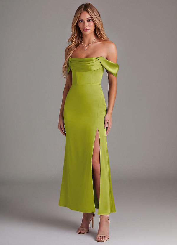 Azazie Saige Bridesmaid Dresses Lemongrass Mermaid Off the Shoulder Stretch Satin Dress image1