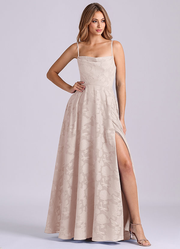 Azazie Elle 신부 들러리 드레스 A라인 주름진 플로럴 번아웃 바닥 길이 드레스 image1