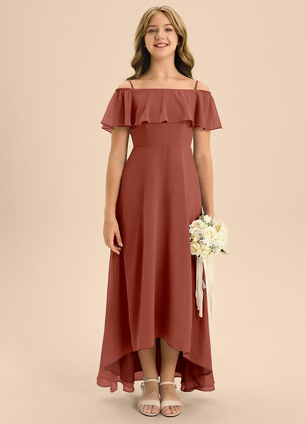 Azazie Maggie Junior A-Linie Schulterfrei Chiffon Kleid Rotbraun image1
