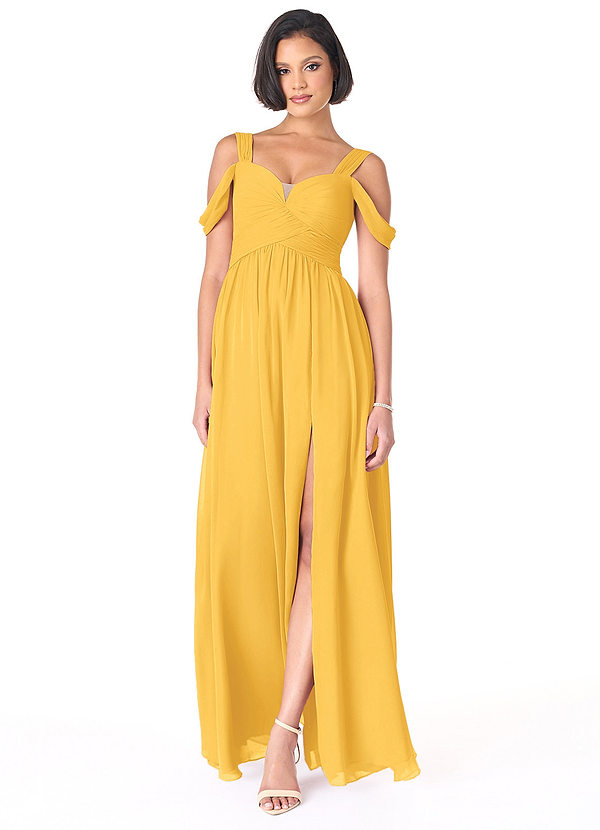 Azazie Lianne Bridesmaid Dresses Marigold A-Line Off the Shoulder Chiffon Dress image1
