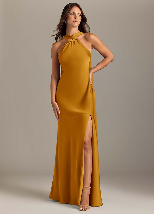 Azazie Kinsley Vestidos de Dama de Honor Vestido Caramelo de Cetim elástico de sereia com Fenda Lateral image1