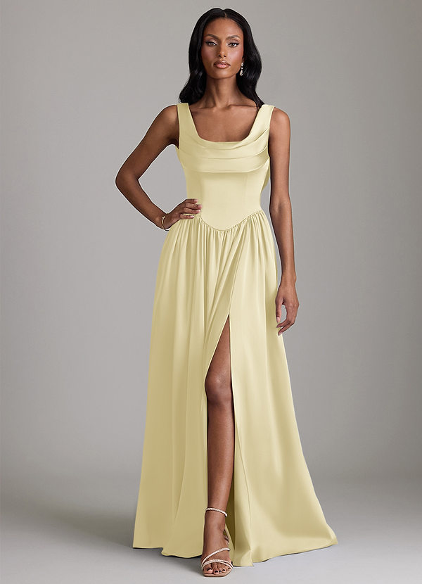 Azazie Novi Bridesmaid Dresses Lemon Sorbet A-Line with Pockets Stretch Satin Dress image1