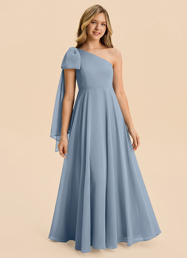 Azazie Averie Junior Dusty Blue A-Line Pleated Chiffon Dress image1