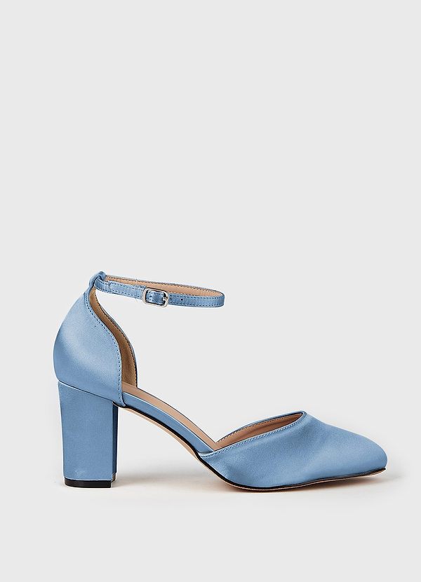 front Satin Ankle Strap Pointed Toe Block Heels