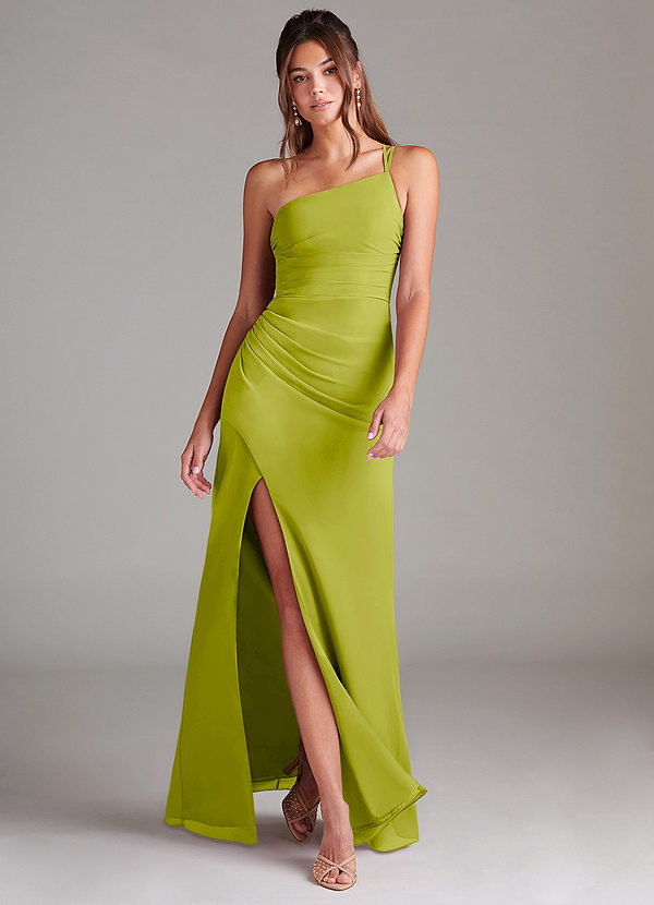 Azazie Eren Vestidos Dama de Honor Vestido de Hierba De Limón de Gasa de Corte Recto con Hombro unilateral image1