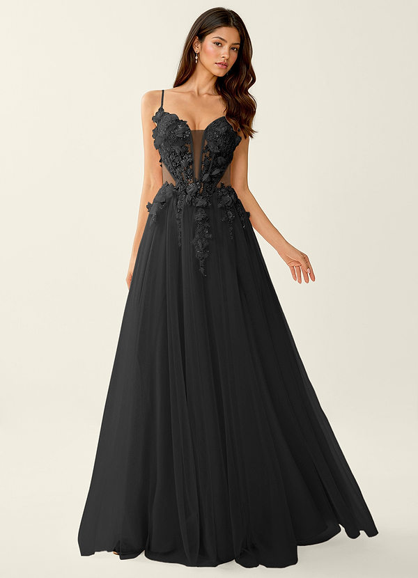 Eulalie Negro Vestido de fiesta con corsé y espalda con cordones y flores 3D image1