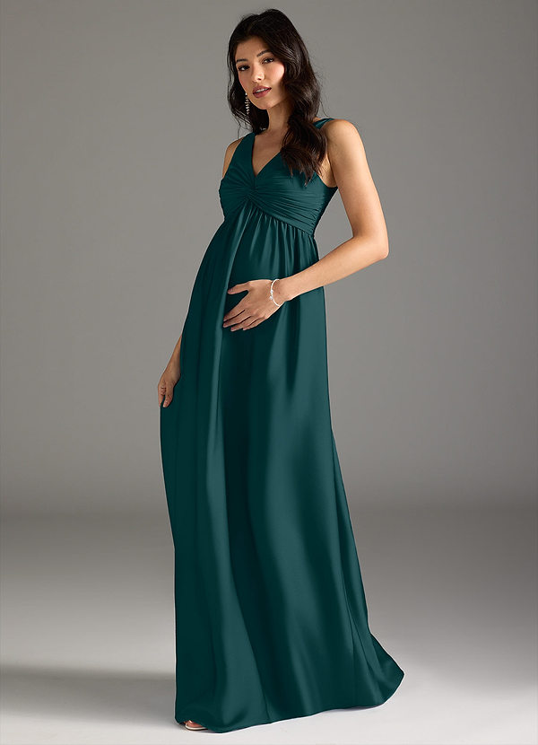 Azazie Yetta Maternity Bridesmaid Dresses A-Line Pleated Stretch Satin Floor-Length Dress image1