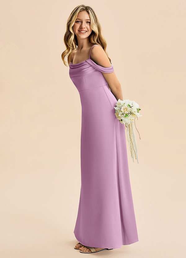 Azazie Lettie Junior Linia A Zza ramienia Satyna elastyczna Długość podłogi Młodsza druhna Sukienka image1