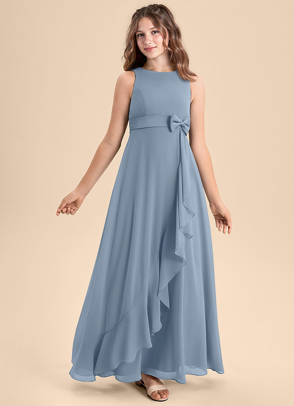 Azazie Lilenne Junior Robe Trapèze en Mousseline de soie Arc Bleu Poussiéreux image1
