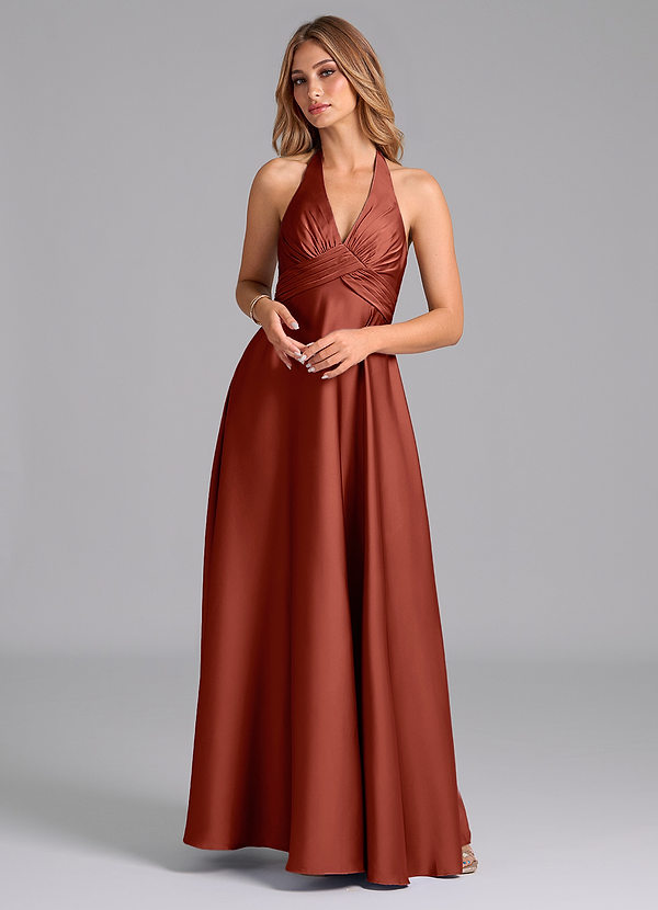 Azazie Tessie Bridesmaid Dresses Terracotta A-Line Pleated Stretch Satin Dress image1