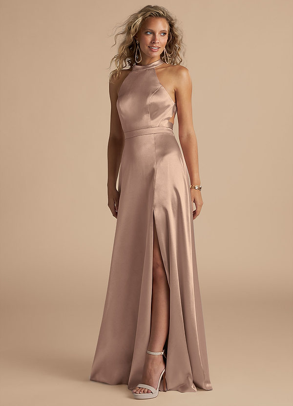Azazie Clarice Bridesmaid Dresses Taupe A-Line High Neck Metallic Satin Dress image1