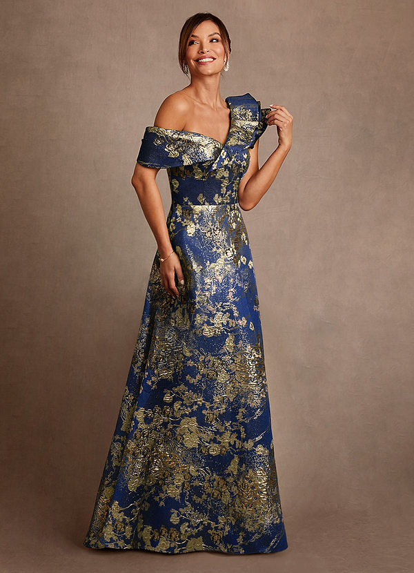 Azazie Des Moines Abiti da Mamma Sposa Abito A-Line in Jacquard Floreale Monospalla Navy Floreale image1