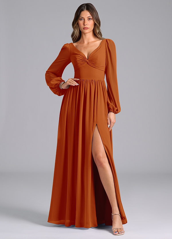 Azazie Teri Bridesmaid Dresses Paprika A-Line Long Sleeve Chiffon Dress image1